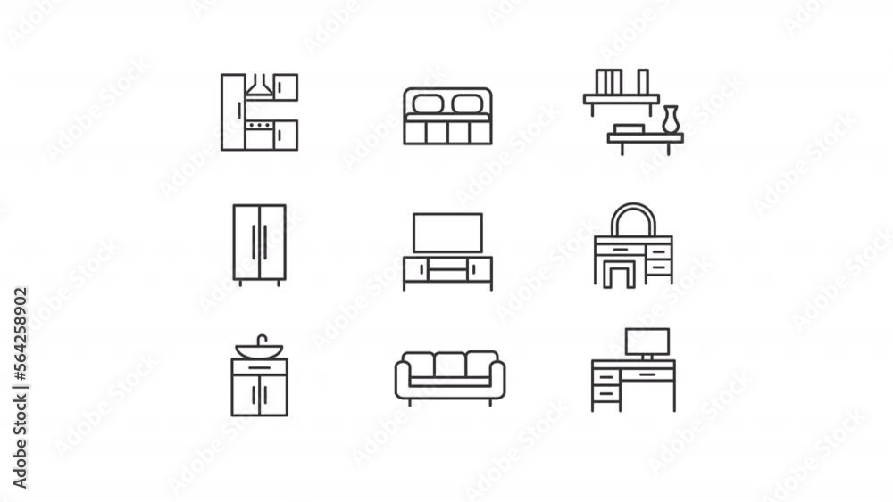 Animated furniture linear icons. Home interior elements. Homeware department store. Seamless loop HD video with alpha channel on transparent background. Outline motion graphic animation