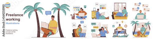 Freelance working concept with character situations collection. Bundle of scenes people working at laptop at home office, at beach vacation, in park remotly. Vector illustrations in flat web design