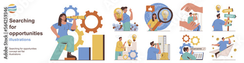 Searching for opportunities concept with character situations collection. Bundle of scenes people with spyglasses and magnifiers looking for career directions. Vector illustrations in flat web design