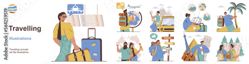 Travelling concept with character situations collection. Bundle of scenes people with luggage and tourist backpacks go on beach vacation, travel and hiking. Vector illustrations in flat web design