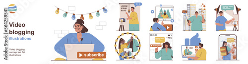 Video blogging concept with character situations collection. Bundle of scenes people shoot video reviews for blogs on cameras, live broadcasts with followers. Vector illustrations in flat web design