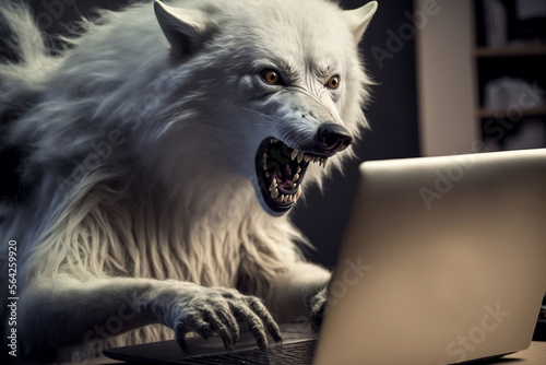 personnage à tête de loup derrière un écran d'ordinateur pour symboliser un prédateur sexuel ou un arnaqueur - illustration IA	
 photo