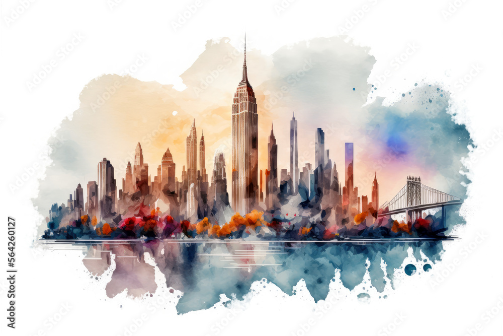 Watercolor new york illustration, generative ai - obrazy, fototapety, plakaty 