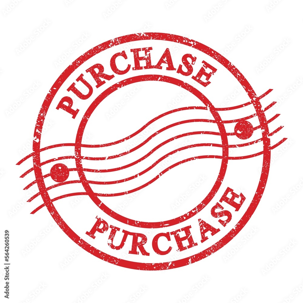 PURCHASE, text written on red postal stamp. PURCHASE, text written on red postal stamp.