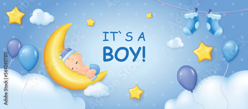 Baby shower banner in 3d realistic modern design. Newborn boy sleeping at moon crescent with balloons, kid booties and blue sky with clouds horizontal template poster. Vector illustration for web