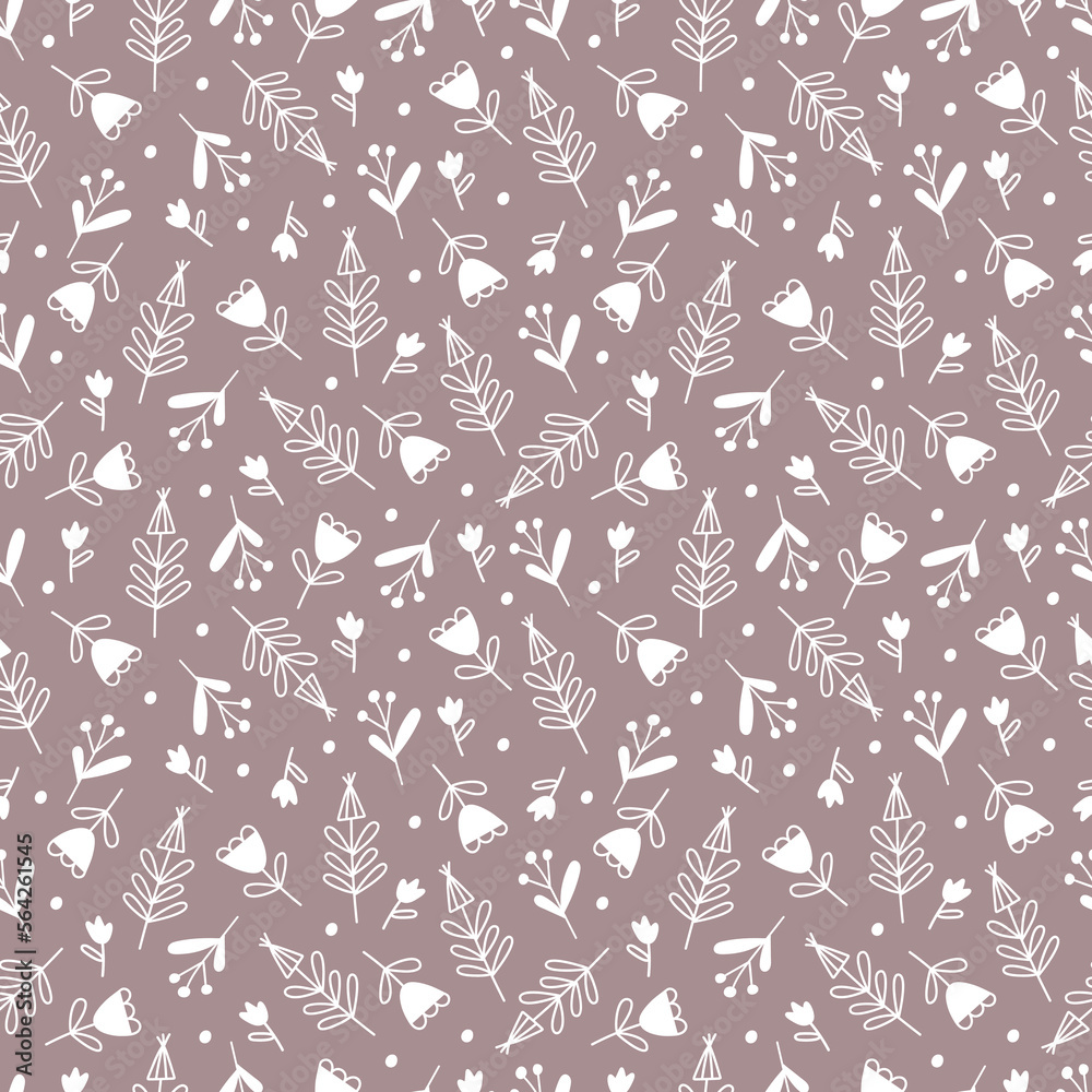 Seamless vector pattern in doodle style with small flowers and twigs on a brown background