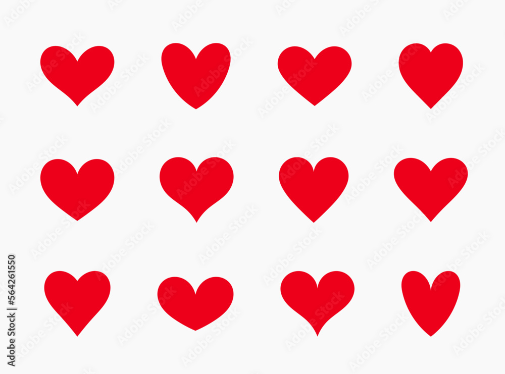 Red hearts icons. Heart symbols collection. Vector illustration
