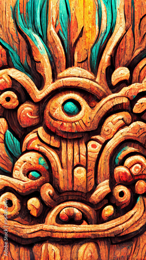 Fototapeta premium Mayan style wood Artistic colors background illustration art Generative AI Content by Midjourney