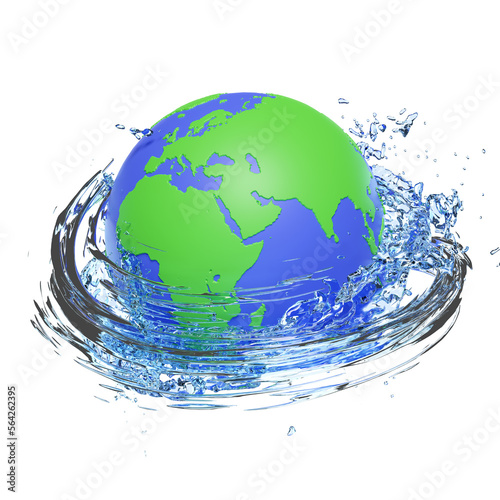 3d world water day concept with water splash, clear blue water scattered around isolated on white background. 3d render illustration