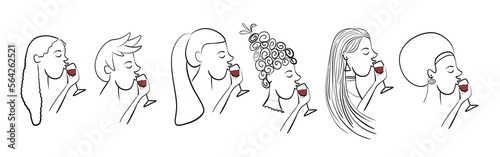 Collection de 6 profil de femmes aux ethnies et aux styles différents qui boivent dans un verre à ballon du vin rouge. Illustration en noir et blanc photo