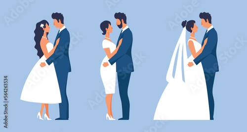 Bride and groom in different outfits set of flat simple illustrations for design, newlyweds, wedding anniversary. Elegant loving couple hugging vector collection.