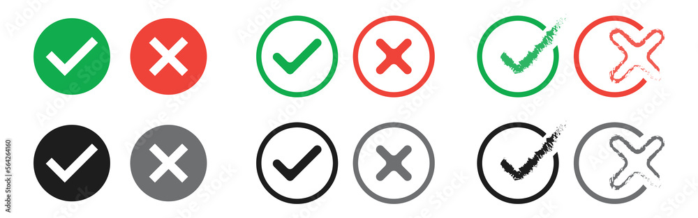 Green check mark and red cross icon.Set of simple icons in flat style: Yes-No, Approved-Disapproved, Accepted-Rejected, Right-Wrong, Correct-False, Green-Red, White-Black, Ok-Not Ok.