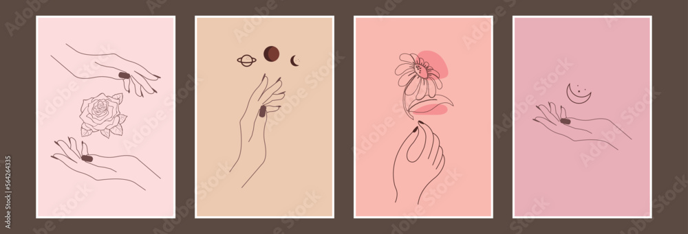 A set of poster design with the line art style hands, flowers and planets.