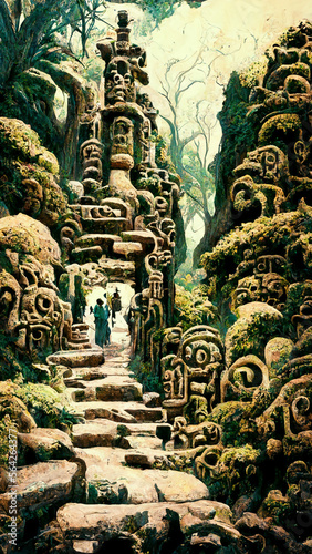 forest Maya ancient culture. Aztec and Inca civilization illustration art Generative AI Content by Midjourney © simon