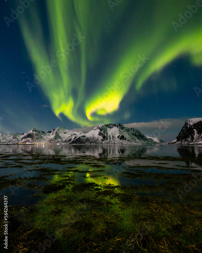 Northern lights, Aurora borealis over amazing landscape in Lofoten, Norway with mountains in background, Absolutely stunning and beautiful lights on the sky