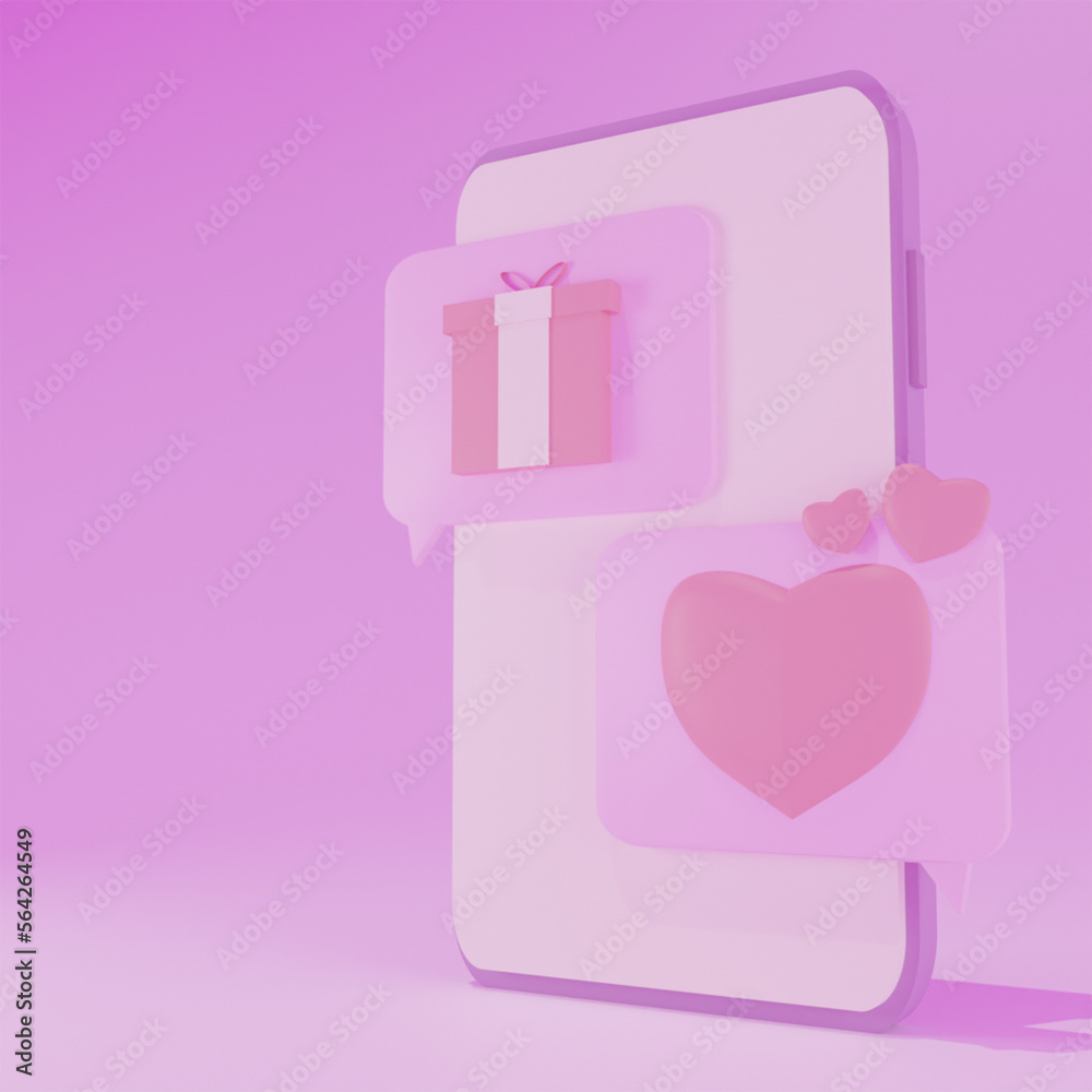 3d rendering illustration photo chat with valentine concept. Smartphone, bubble chat, love and hearth 3d rendering illustration photo chat with valentine concept. Smartphone, bubble chat, love and hearth