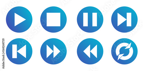 Media player icon set, play, stop, pause, next, previous, forward, backward, reload, icon set of media player with blue gradient color photo