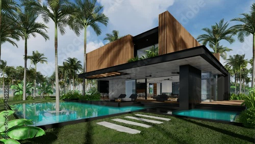 4K video rendering of modern cozy house with parking and pool for sale or rent with wood plank facade by the sea or ocean. Sunny day by the coast with palm and flowers in tropical island Fly-walk