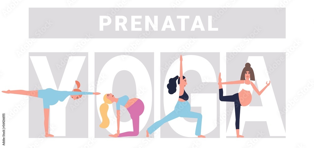 Beauty pregnant woman doing yoga poses. Hatha asanas complex,soft pregnant yoga. Health care and fitness concept. Active female characters. Place for text. Concept of a healthy pregnancy