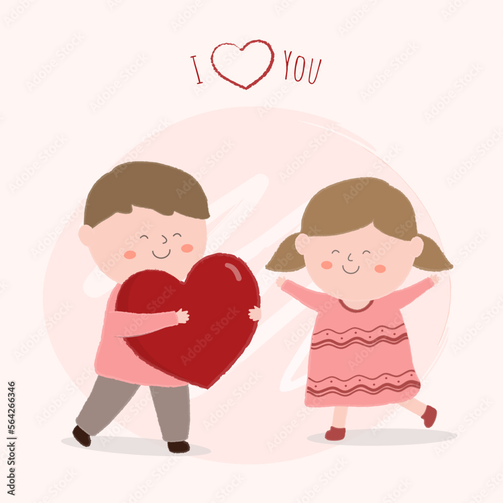 Little Couple in love. boy and girl embracing each other affectionately. Characters for the feast of Saint Valentine. Vector illustration in cartoon style Little Couple in love. boy and girl embracing each other affectionately. Characters for the feast of Saint Valentine. Vector illustration in cartoon style