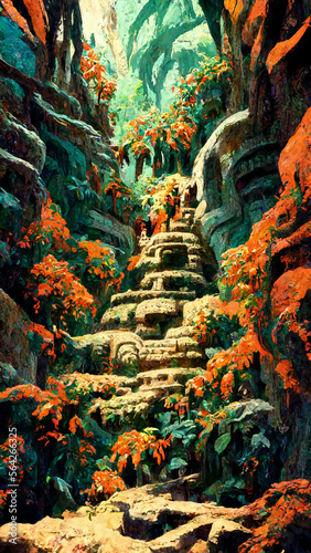 Mayan civilization forest land cave illustration art Generative AI Content by Midjourney © simon