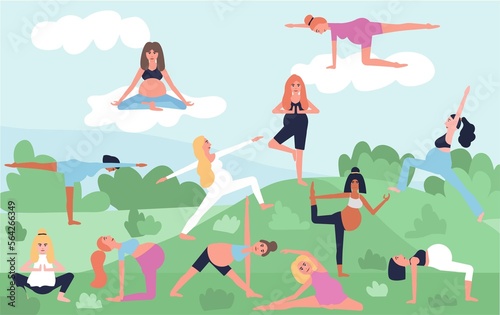 Yoga class outdoors flat color vector illustration. Prenatal yoga in park. Pregnant women 2D cartoon characters with landscape on background