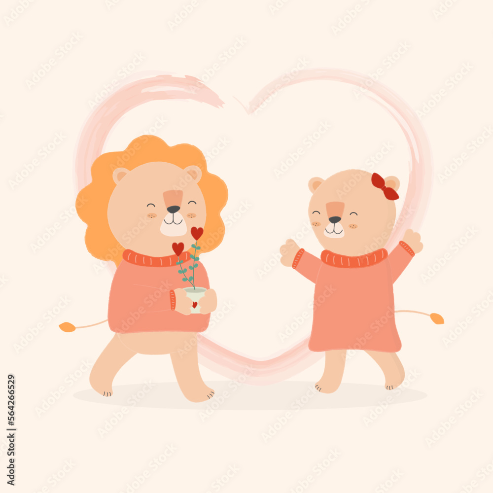 Lion and lioness love vector illustration. Cartoon flat cute happy lion couple standing with each other with flower. Valentine day celebration card. Lion and lioness love vector illustration. Cartoon flat cute happy lion couple standing with each other with flower. Valentine day celebration card.