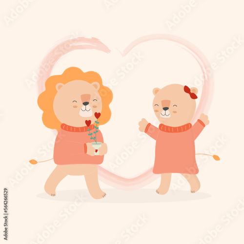 Lion and lioness love vector illustration. Cartoon flat cute happy lion couple standing with each other with flower. Valentine day celebration card.