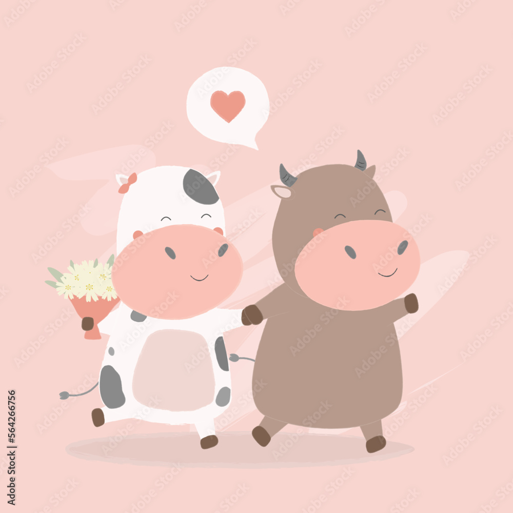 Vector illustration of two happy cow walking with each other. with flowers in hand. Greeting card concept for Valentines Day. Share your love