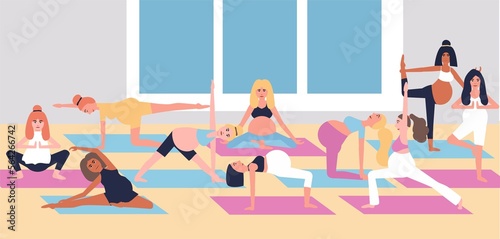 silhouettes of women in windows doing yoga. Yoga for pregnant women. Collection of active sports mothers for workout pilates, relaxing body exercises. Homework exercise for prenatal yoga.