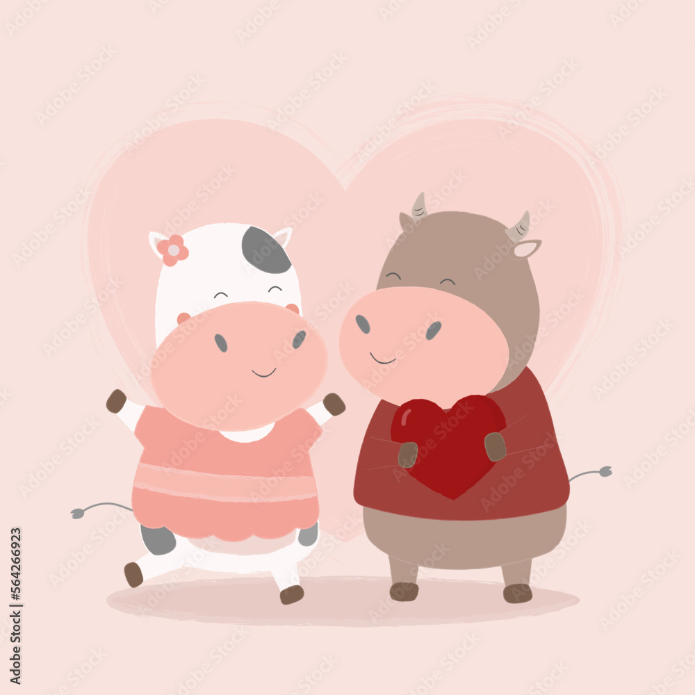 Fototapeta premium A couple of cow getting closer each other. Around heart shape background. Happy Valentine's day greeting card used for print design, banner, poster, flyer template