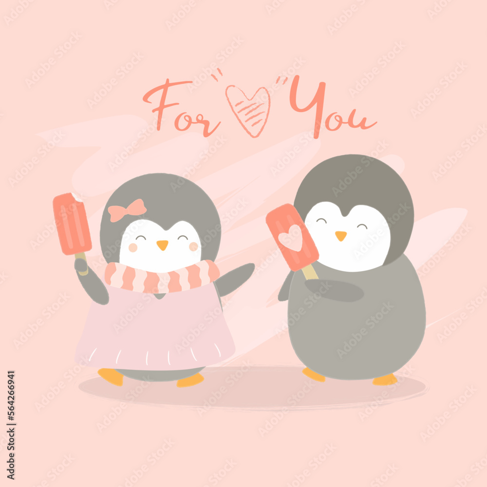 vector illustration of penguine couple. two penguine couple holding ice cream in hands. flat design for love. animal wallpaper.
