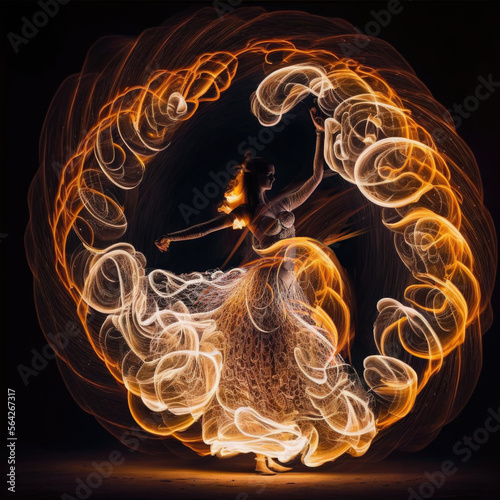 Fire performance, beautiful woman as fire twirler, belly dancer. Light painting, AI generative illustration. photo