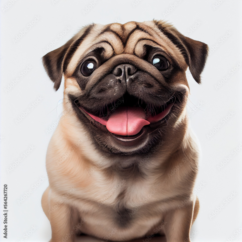 Happy pug on a white background. generative AI