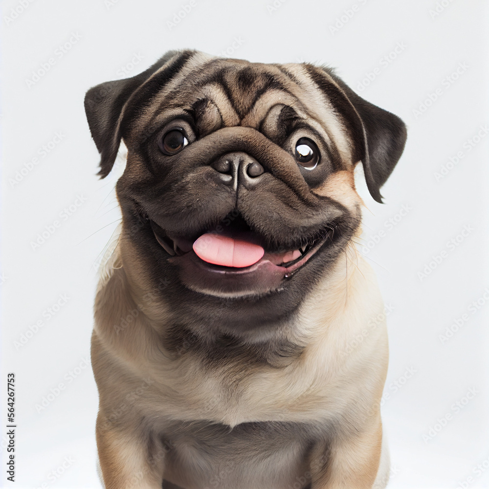Happy pug on a white background. generative AI