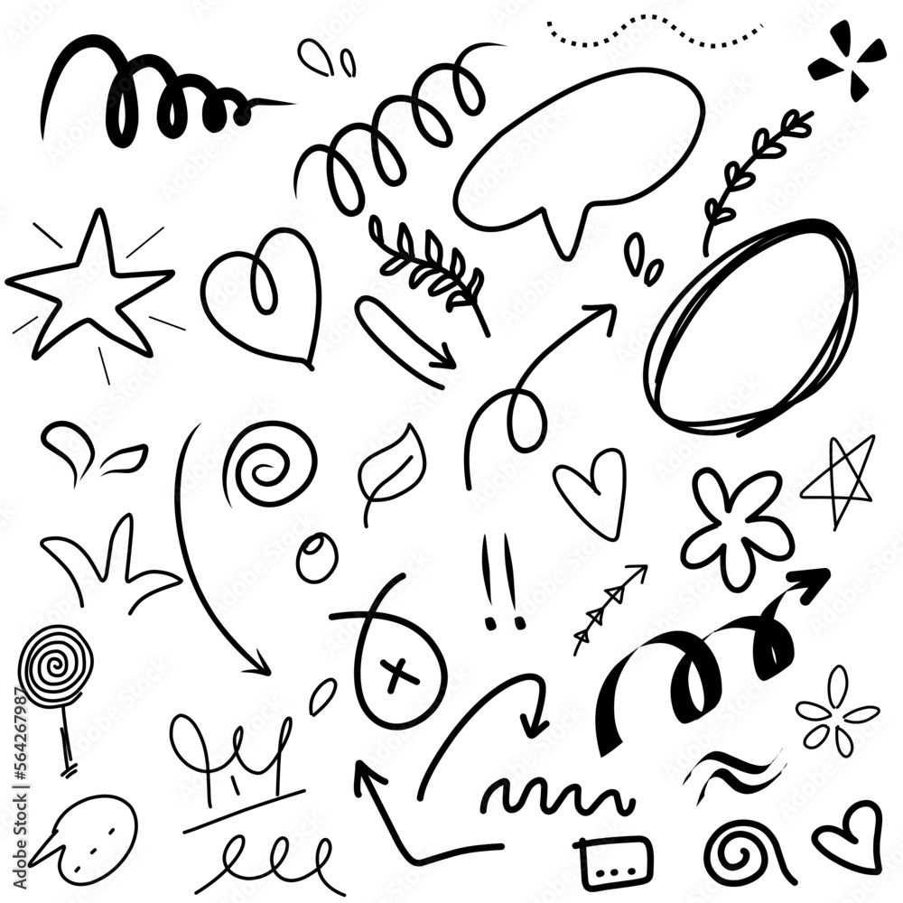 Swish, sweep, emphasize the doodle. Highlight text elements, calligraphy swirls, tails, flowers, hearts, scribble crowns. vector illustrations