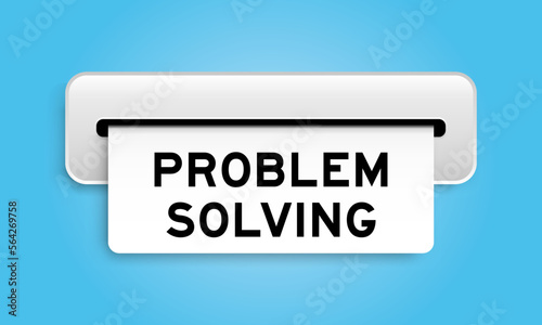 White coupon banner with word problem solving from machine on blue color background