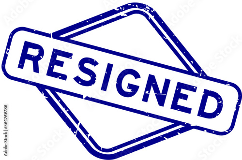 Grunge blue resigned word rubber seal stamp on white background
