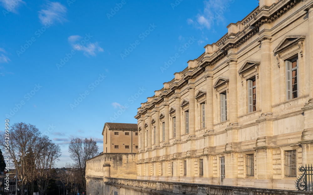 Landscape view of the side wall of historical landmark courthouse, Montpellier, France