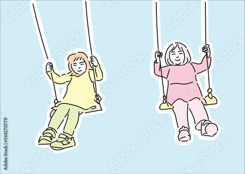ブランコに乗っている女の子二人の手描きイラスト