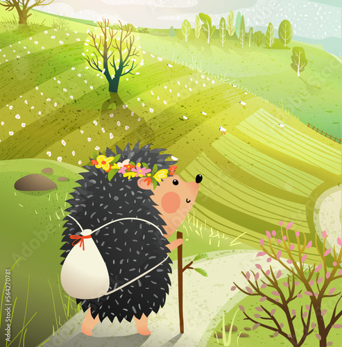 Cute hedgehog travelling in nature with backpack. Animal backpacker adventures in the wilderness scenery background. Hedgehog cartoon for kids. Hand drawn vector illustration in watercolor style.