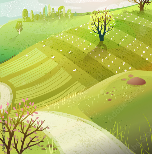 Rustic scenery landscape with a path or road through agricultural fields and meadows in country. Summertime sunlight in countryside lands. Hand drawn artistic vector illustration.