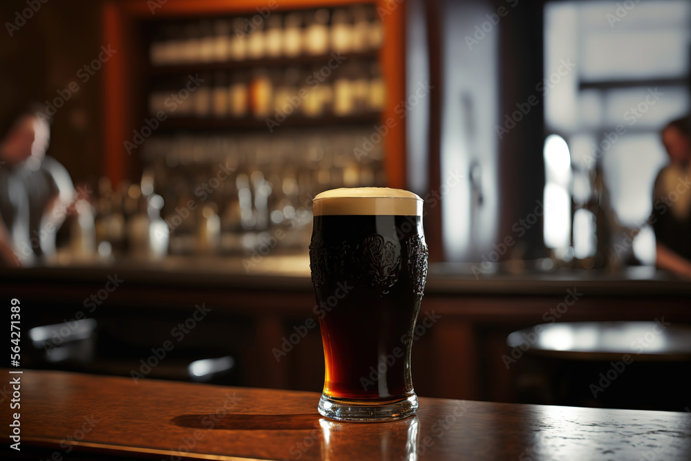 A glass of dark beer is placed on the counter bar with background of the pub interior. Generative Ai image.
A glass of dark beer is placed on the counter bar with background of the pub interior. Generative Ai image.