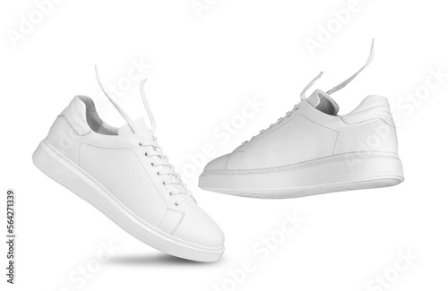Fly White sneakers and floating ropes. Isolated on a transparent background