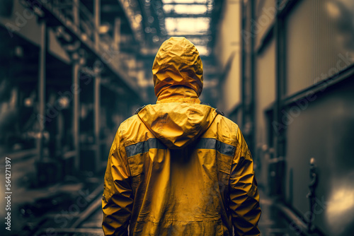 Back of the worker which is wearing yellow coverall uniform is standing on working factory background. Industrial working scene. Generative Ai image.