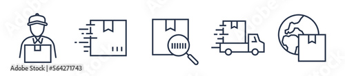 Delivery icon set. Courier, box, barcode, fast trusck, and world shipping icon. Vector illustration