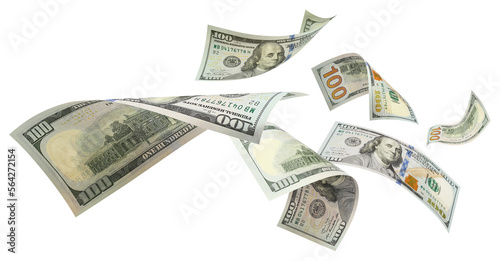 Flying 100 American dollars banknotes cut out photo