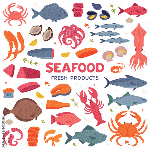 Seafood with Fish, Crustacean and Shellfish as Fresh Sea Product Vector Set