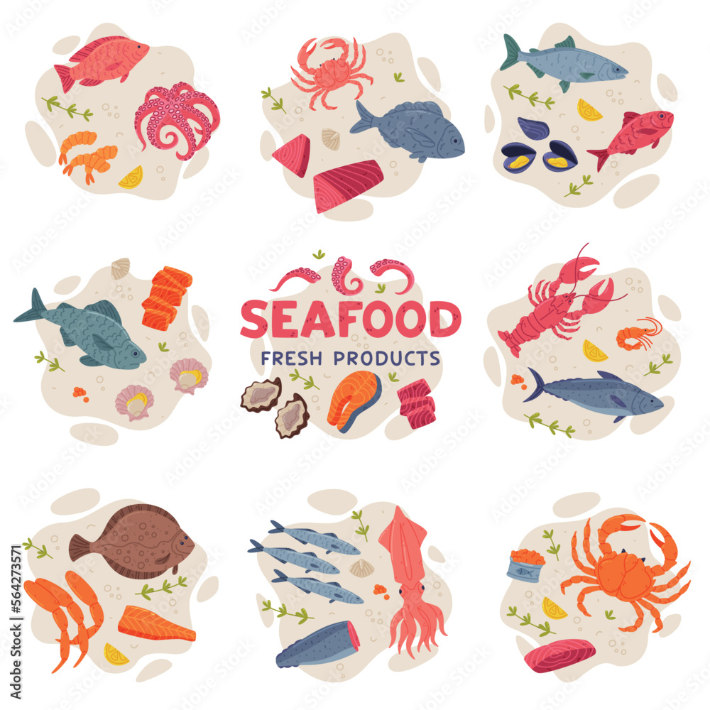Seafood with Fish, Crustacean and Shellfish as Fresh Sea Product Vector Composition Set