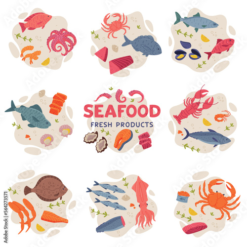 Seafood with Fish, Crustacean and Shellfish as Fresh Sea Product Vector Composition Set